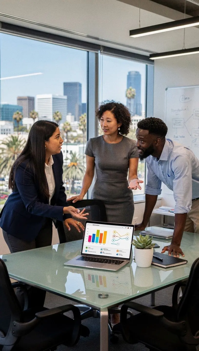 Team of professionals collaborating in a modern workspace discussing software optimization results.